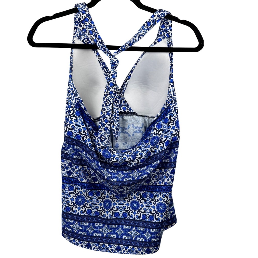 Lands' End Tankini Top Womens 12 Blue White Medallion Tile Twist Front - Picture 6 of 11